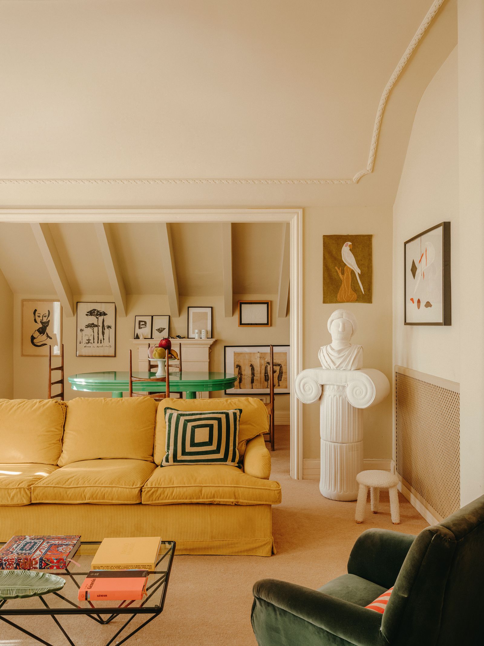 One of artist Sergio Roger's fabric columns and busts in his own apartment in Barcelona