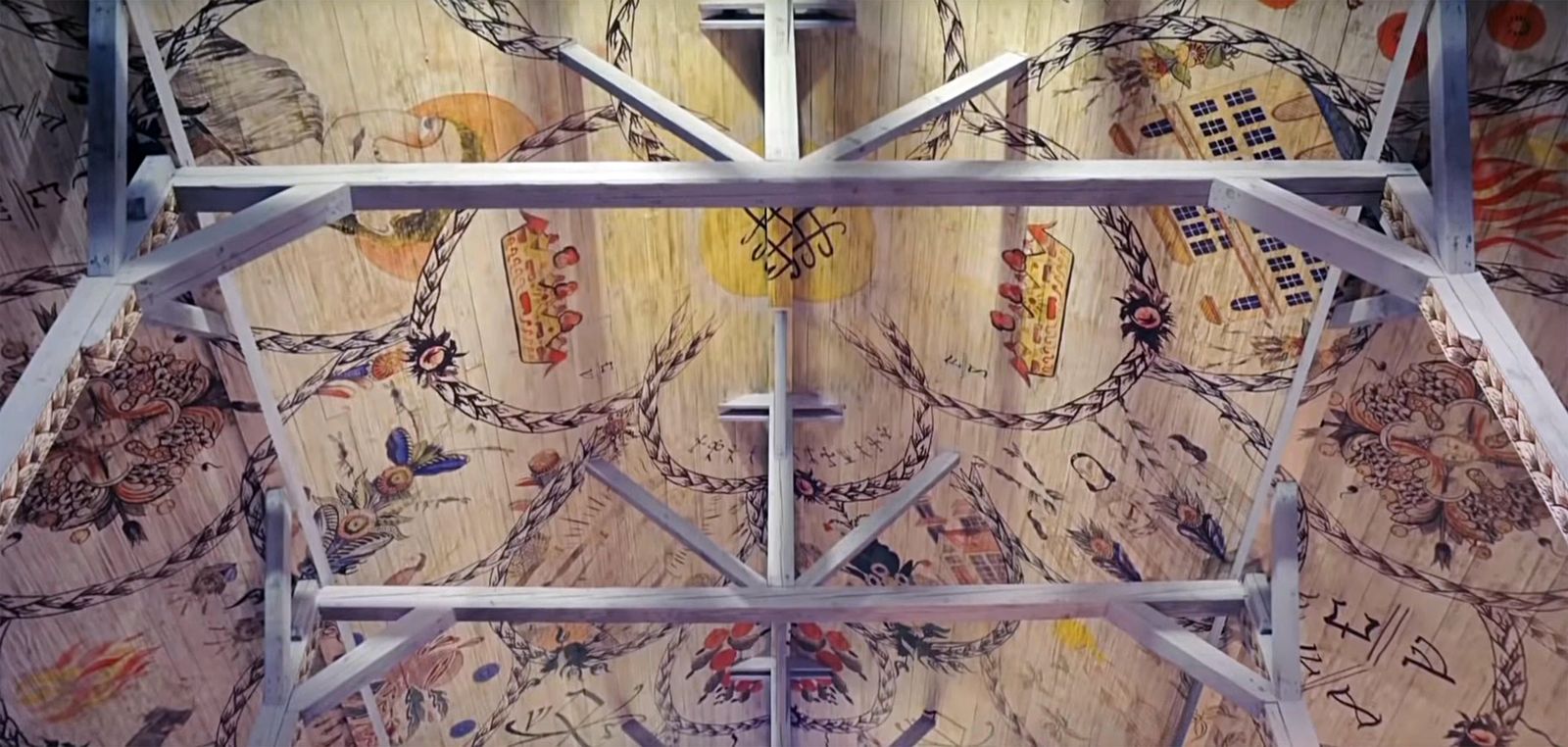 The murals on the ceiling of the farmhouse from Midsommar dir. Ari Aster 2019.