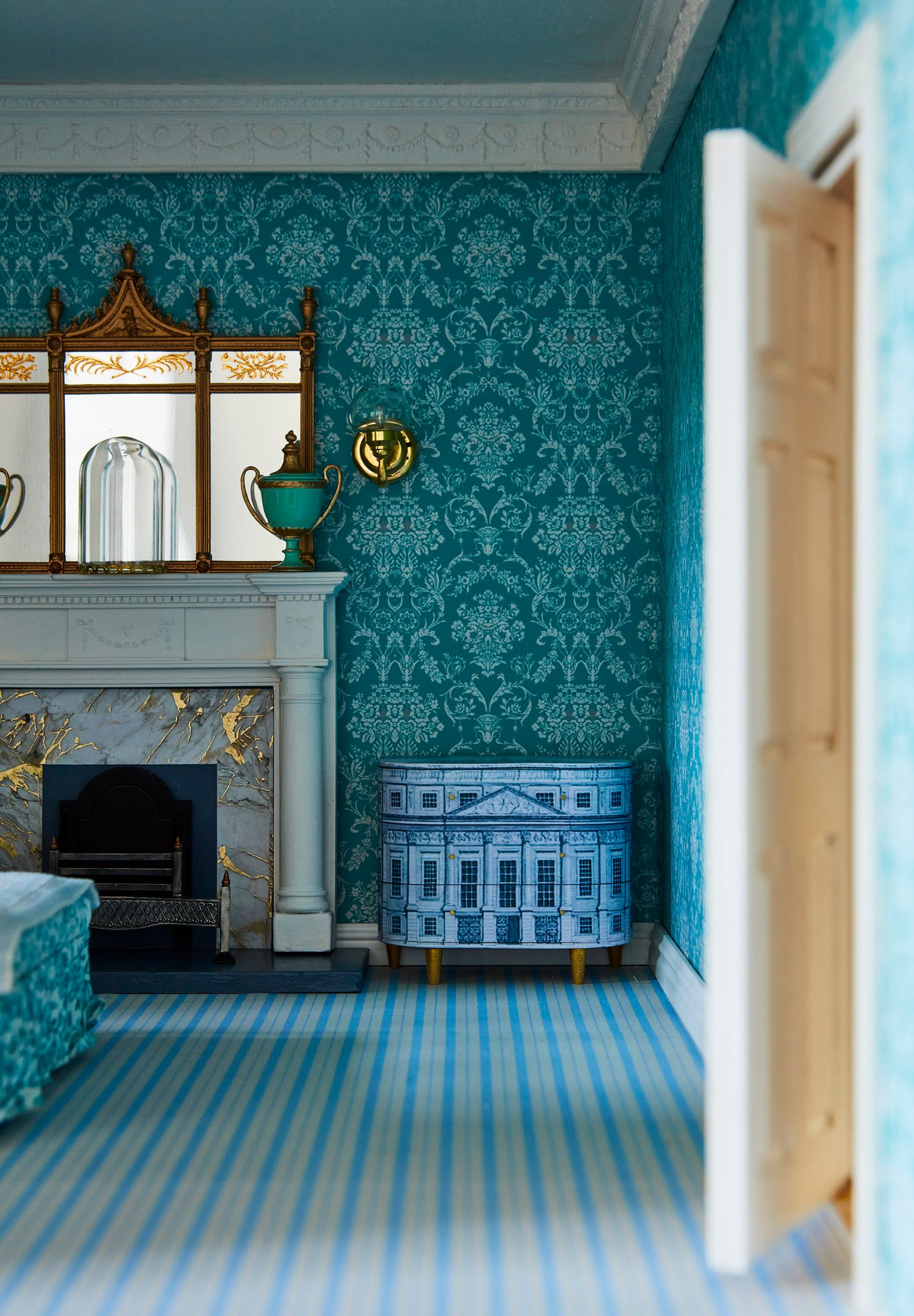 The Fornasetti cabinet was made for me by Keith of Small Time Miniatures. I made marble slips for all the fireplaces...