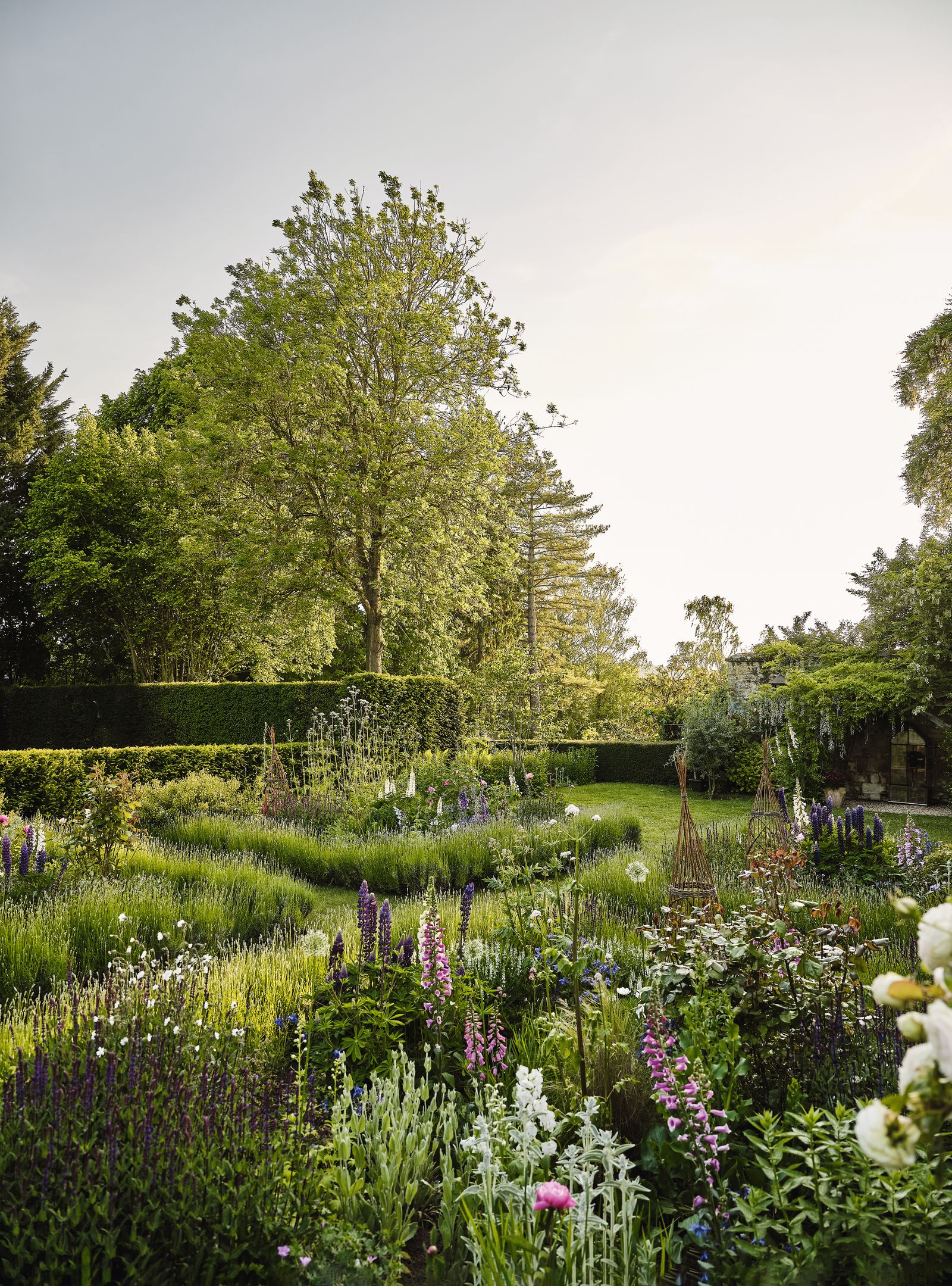 A quadrangle of fragrant lavenderedged beds contains a romantic mix of flowers for cutting including blue lupins purple...