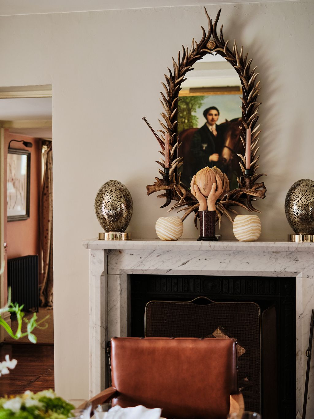 The egg lights are from Christopher Hodsoll. The antler mirror was sourced from Guinevere.