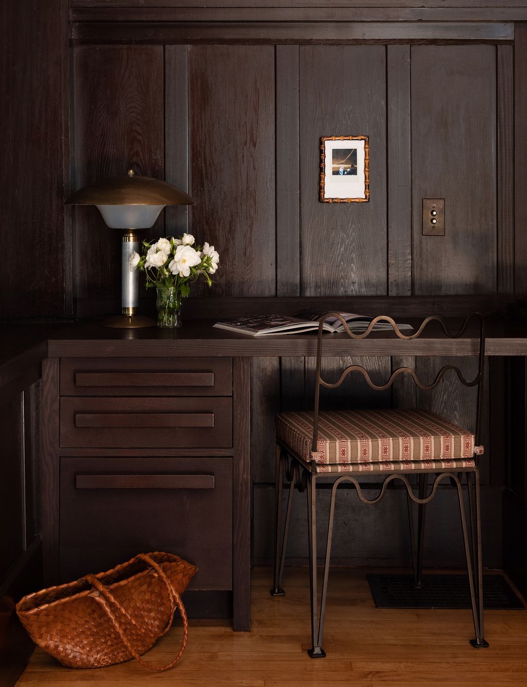 The chairnbspis fromnbspBlend Interiors with anbspNamay Samay textile seat and the lamp is a vintage Italian piece.