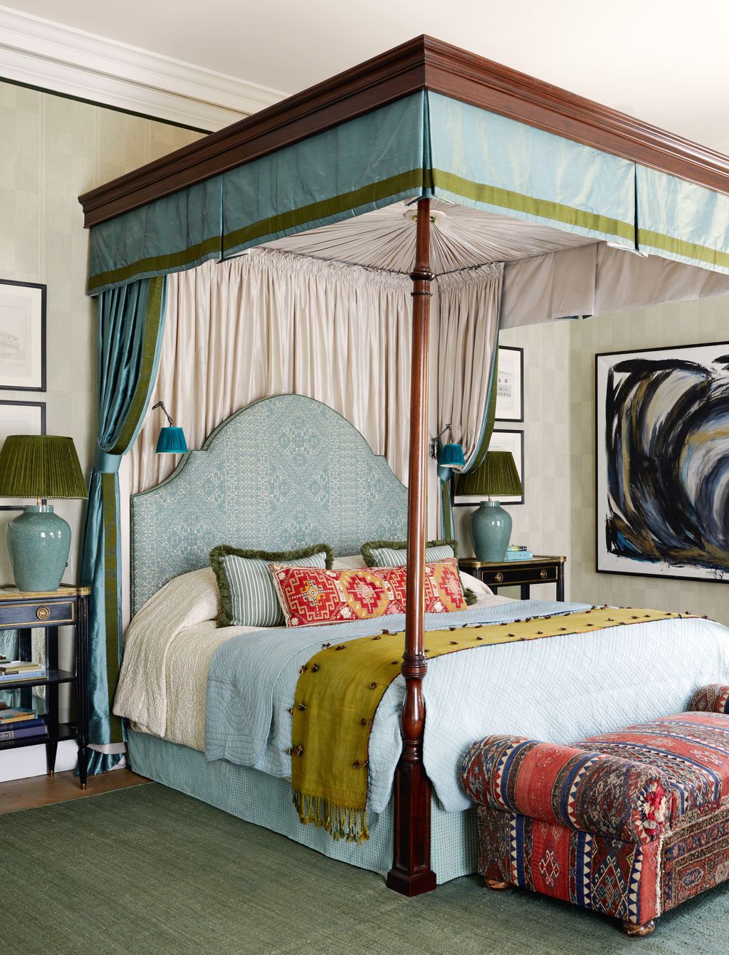 In the main bedroom an early20thcentury kilimcovered bench fromnbspHowe London and an oblong cushion from Francesca...