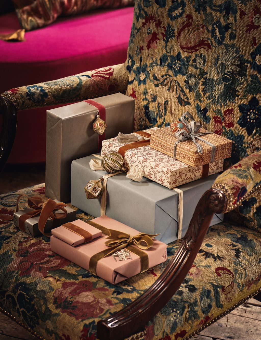 George III mahogany and needlepoint chair 58000 a pair from Hawker Antiques.  ‘Chevron sofa as before from Amy...