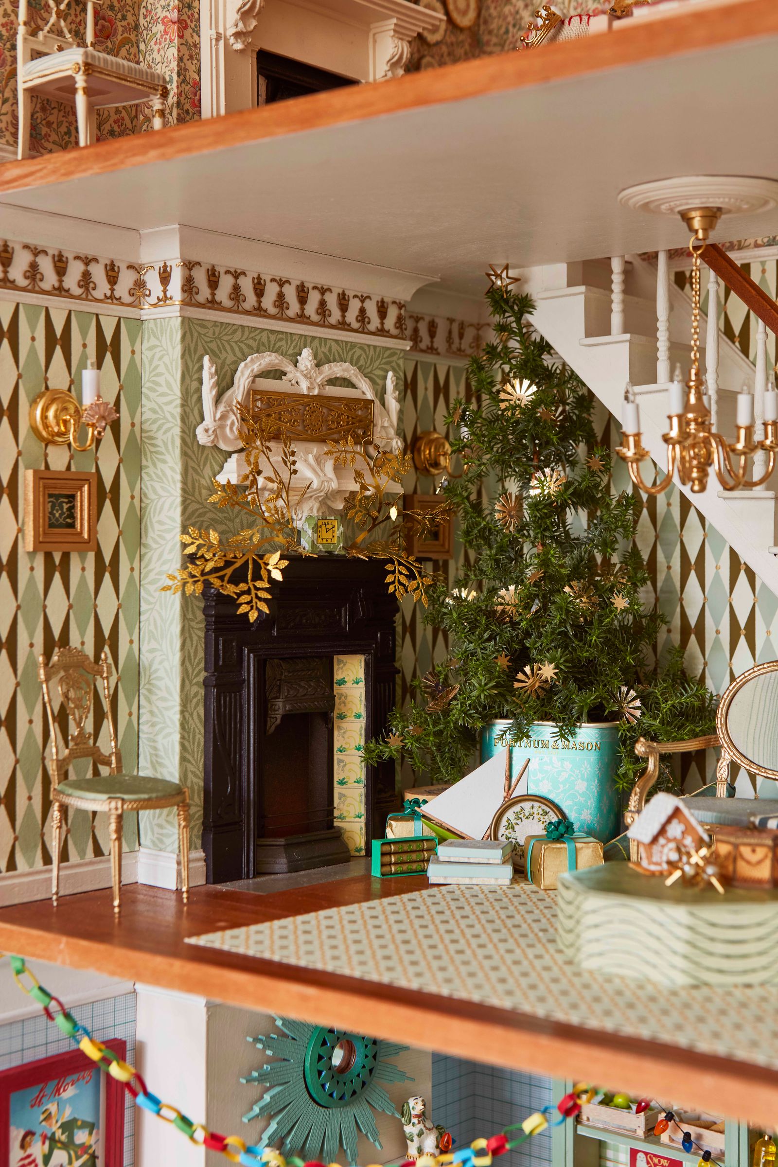 The intricate decoration of a magical Christmas doll's house