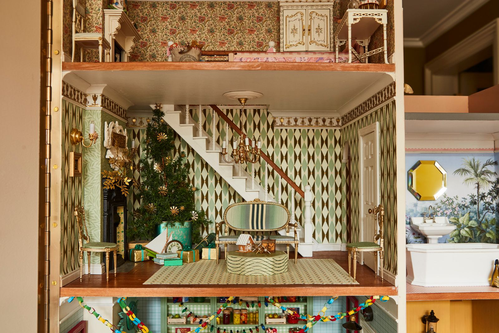 The intricate decoration of a magical Christmas doll's house