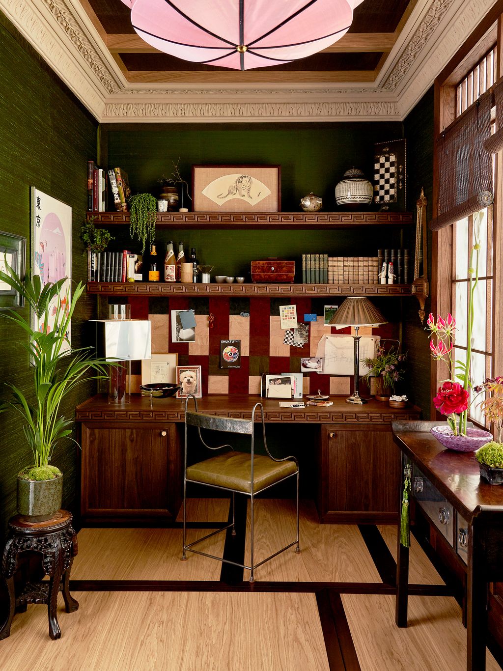 Image may contain Indoors Interior Design Chair Furniture Plant Lamp Wood Table Hardwood and Home Decor