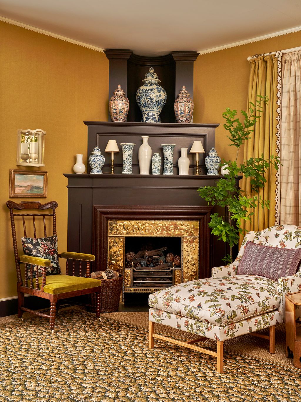 Image may contain Chair Furniture Home Decor Fireplace Indoors Art Painting Lamp Rug and Interior Design