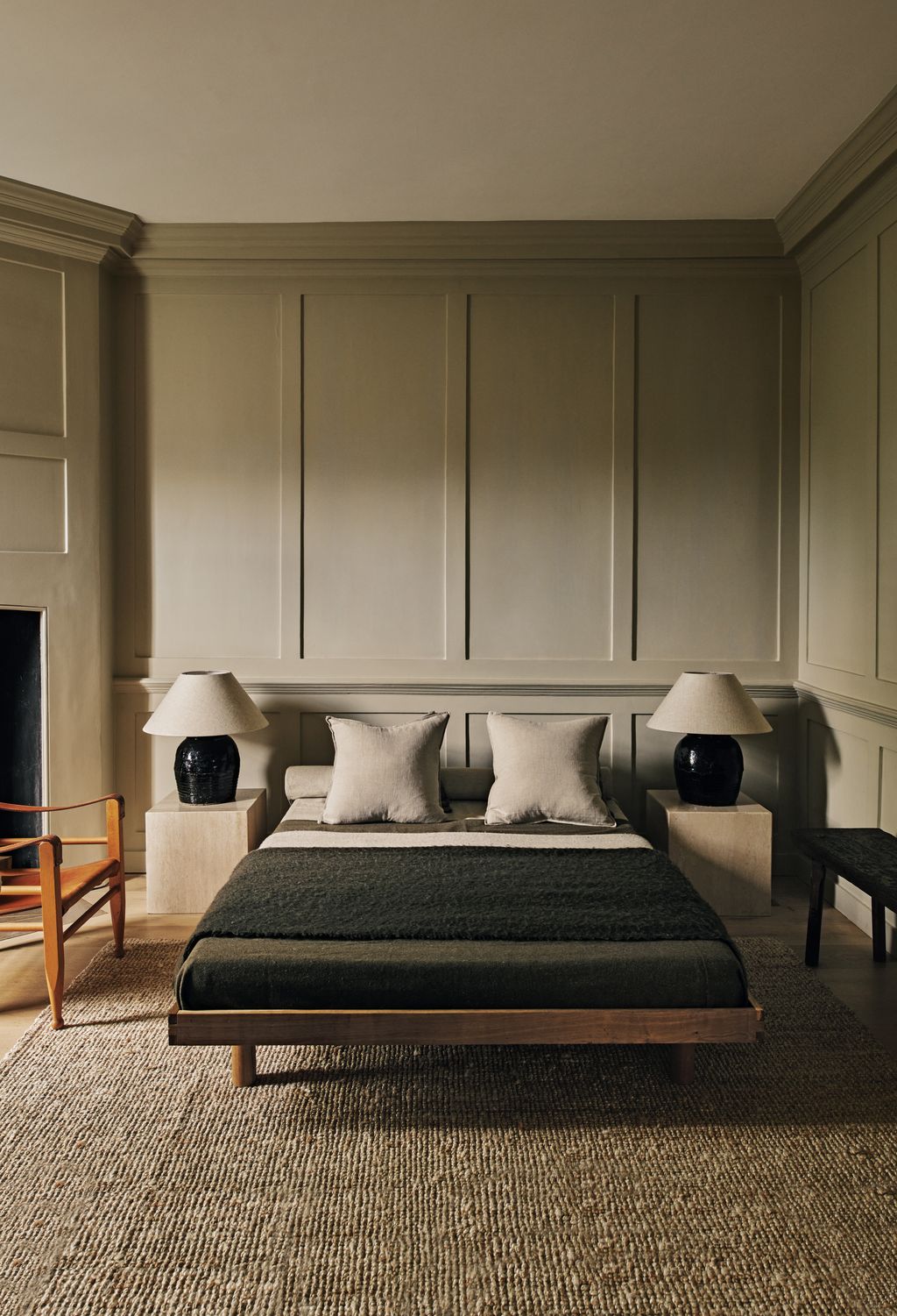 Image may contain Indoors Interior Design Lamp Chair Furniture Home Decor Rug Bed Bench Bedroom and Room