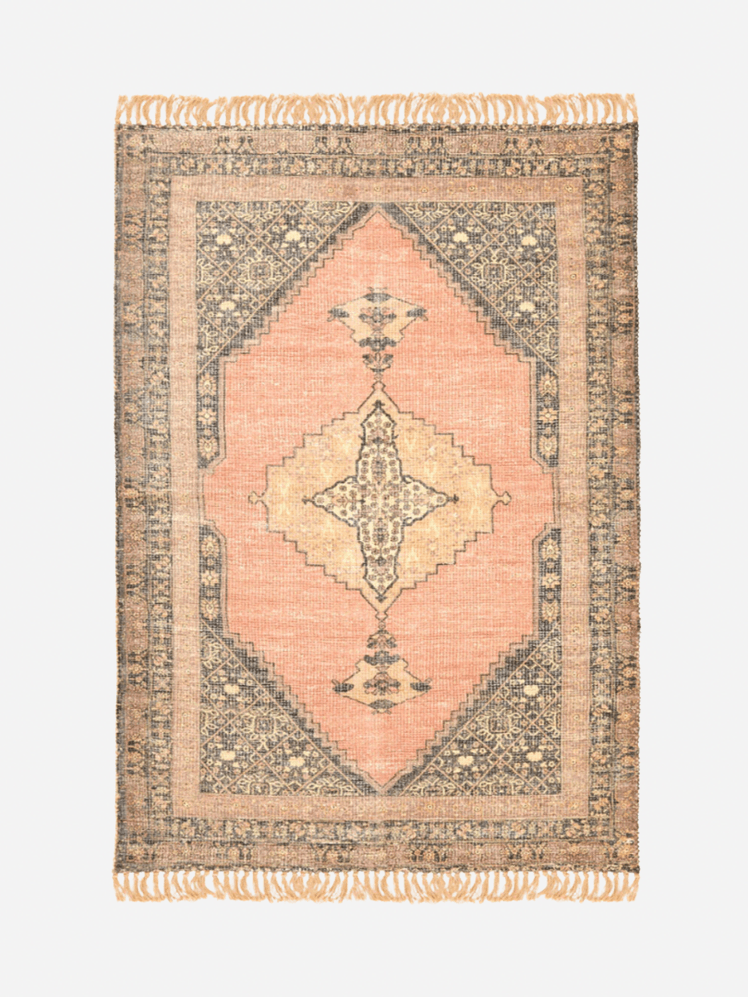 XL Kerala Chenille Rug, French Connection, tassel edged, peach , cream , light orange, muted grey colours throughout design