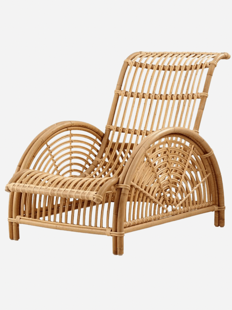 Twenty Twenty One, armchair in woven brown material, deck chair sort of style with curved sides as arm rests, square base