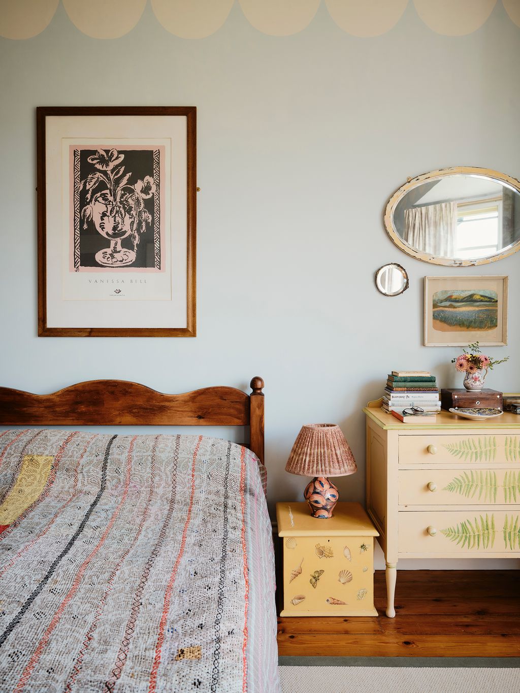 Image may contain Lamp Art Painting Bed Furniture Indoors Interior Design Home Decor Bedroom Room and Plate