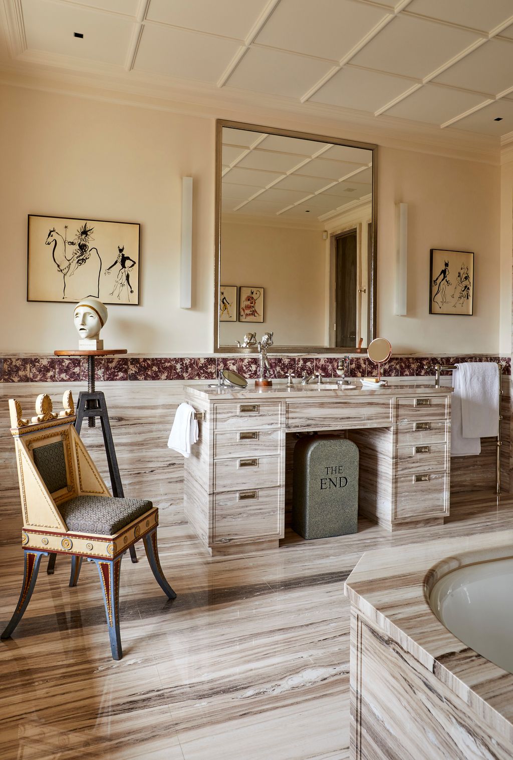 Image may contain Indoors Interior Design Chair Furniture Sink Art Painting Person Wood and Sink Faucet