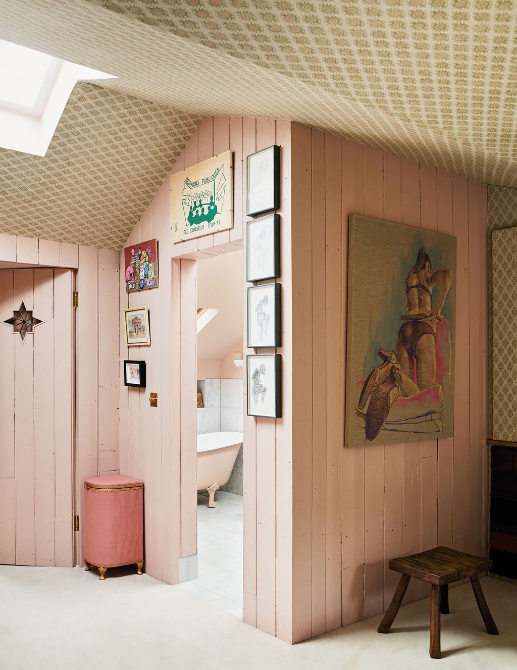 Image may contain Corner Indoors Interior Design Bathing Bathtub Person Tub Art Painting Floor Wood and Adult