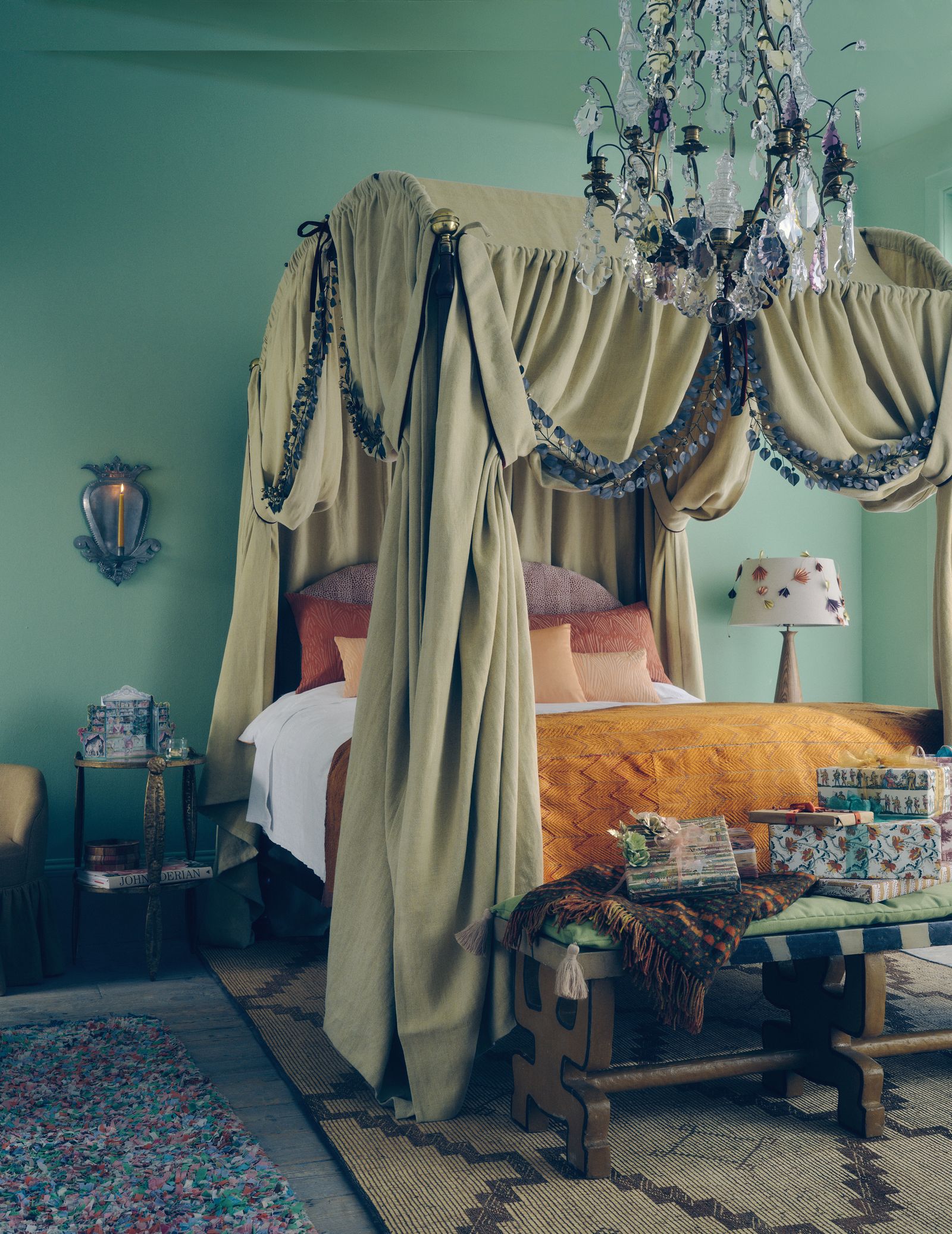 Image may contain Furniture Indoors Bed Bedroom Room Lamp Home Decor Rug Desk Table Canopy Bed and Chair