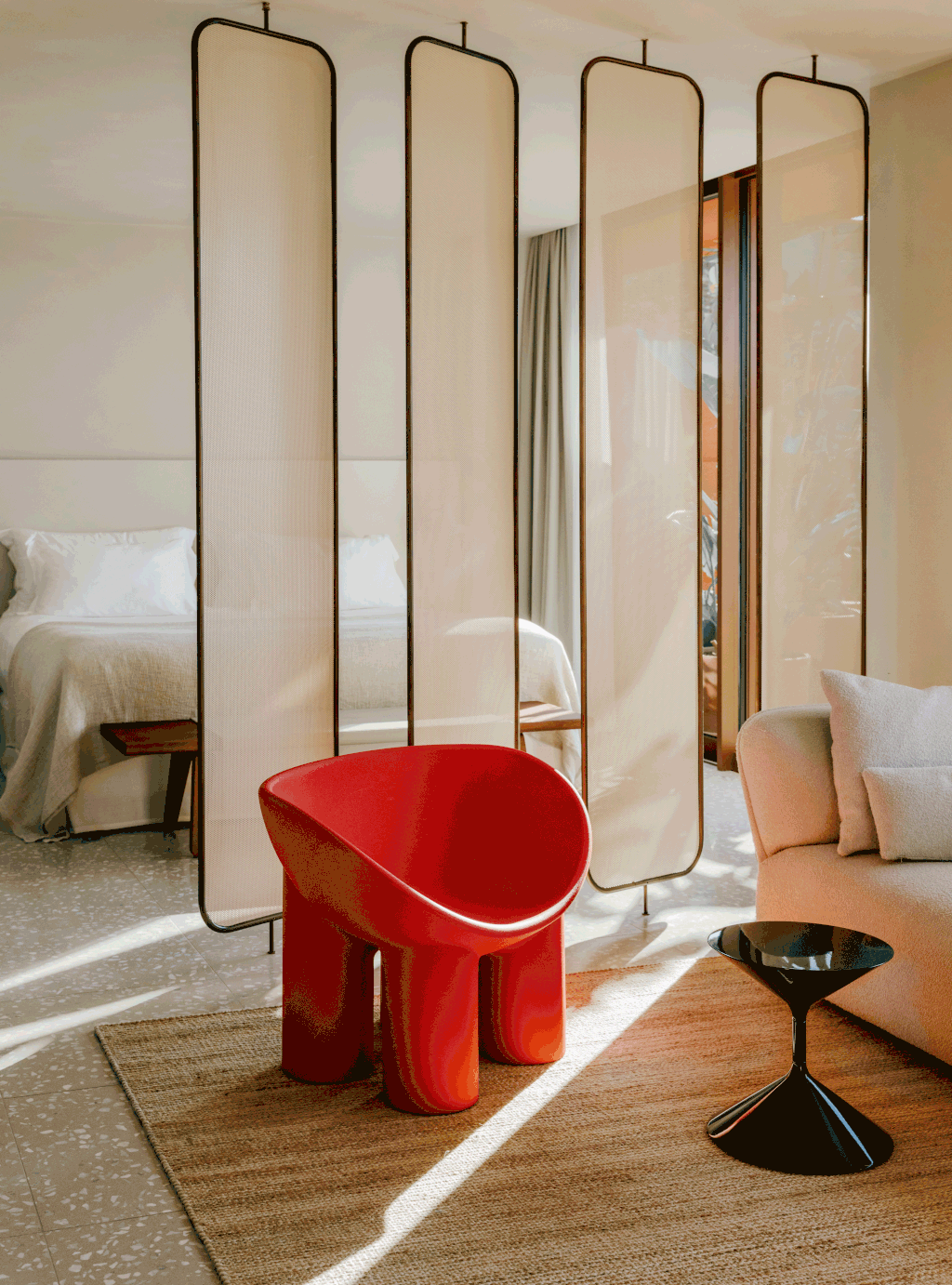 The Filippo sea view terrace suite at La Rogga the interiors of which were designed by Milanese studio Palomba Serafini...