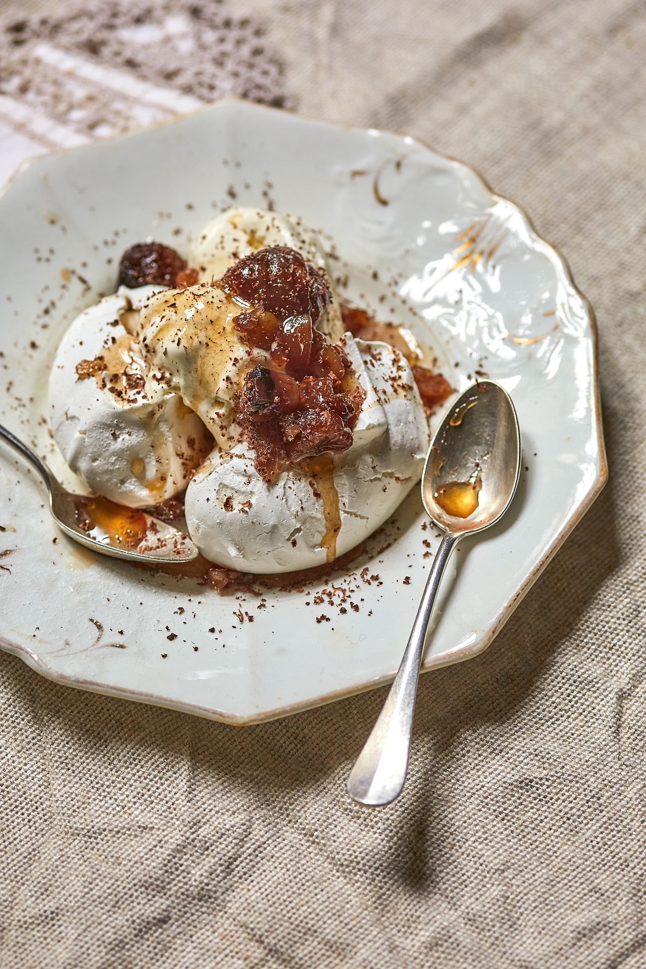 Image may contain Cutlery Spoon Food Food Presentation Plate Cream Dessert Frozen Yogurt Egg and Poached Egg