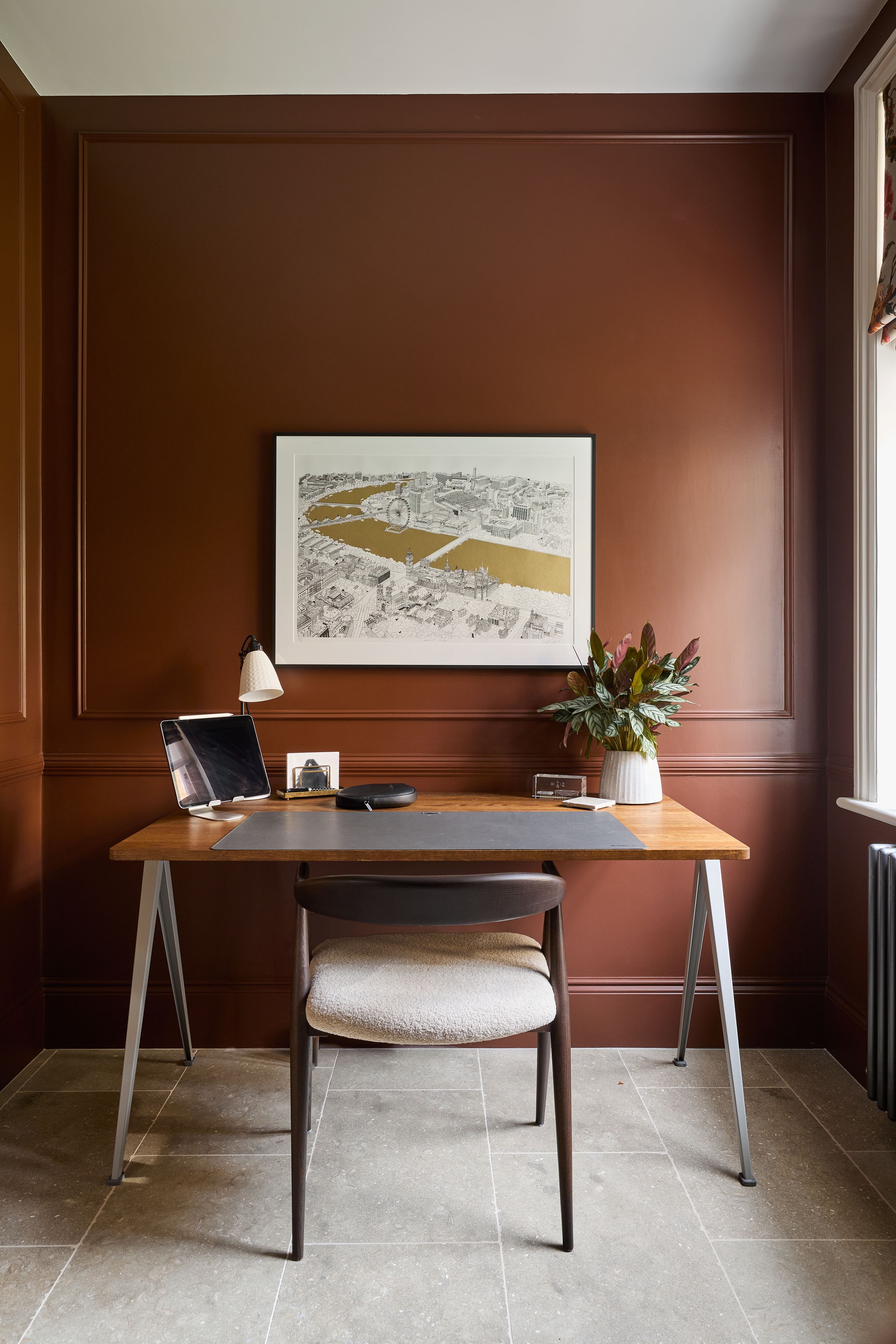 Image may contain: Furniture, Table, Indoors, Interior Design, Desk, Chair, Art, Painting, Computer, Electronics, and Laptop