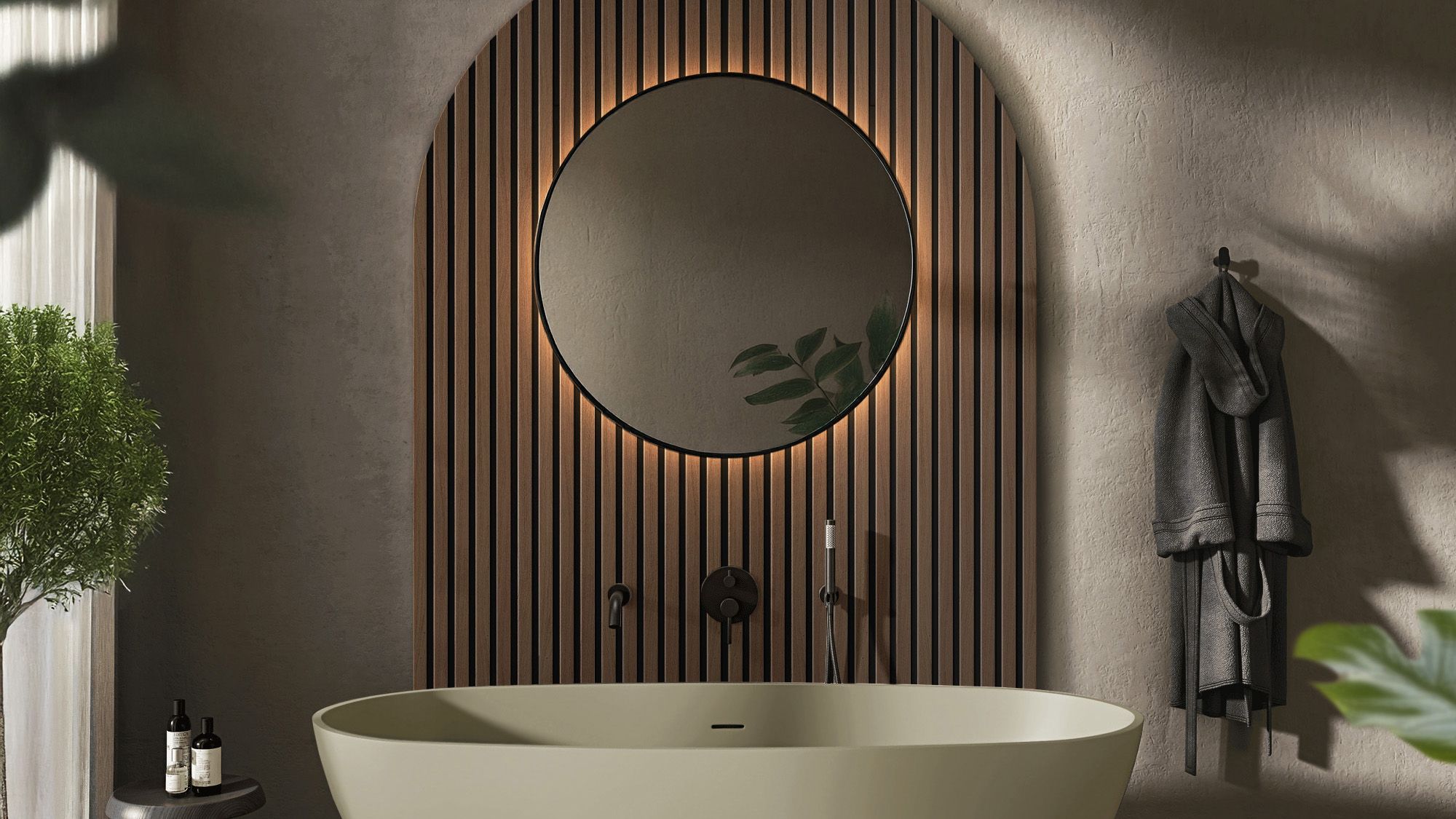 Image may contain: Indoors, Interior Design, Bathing, Plant, Tub, Bathtub, Person, and Basin