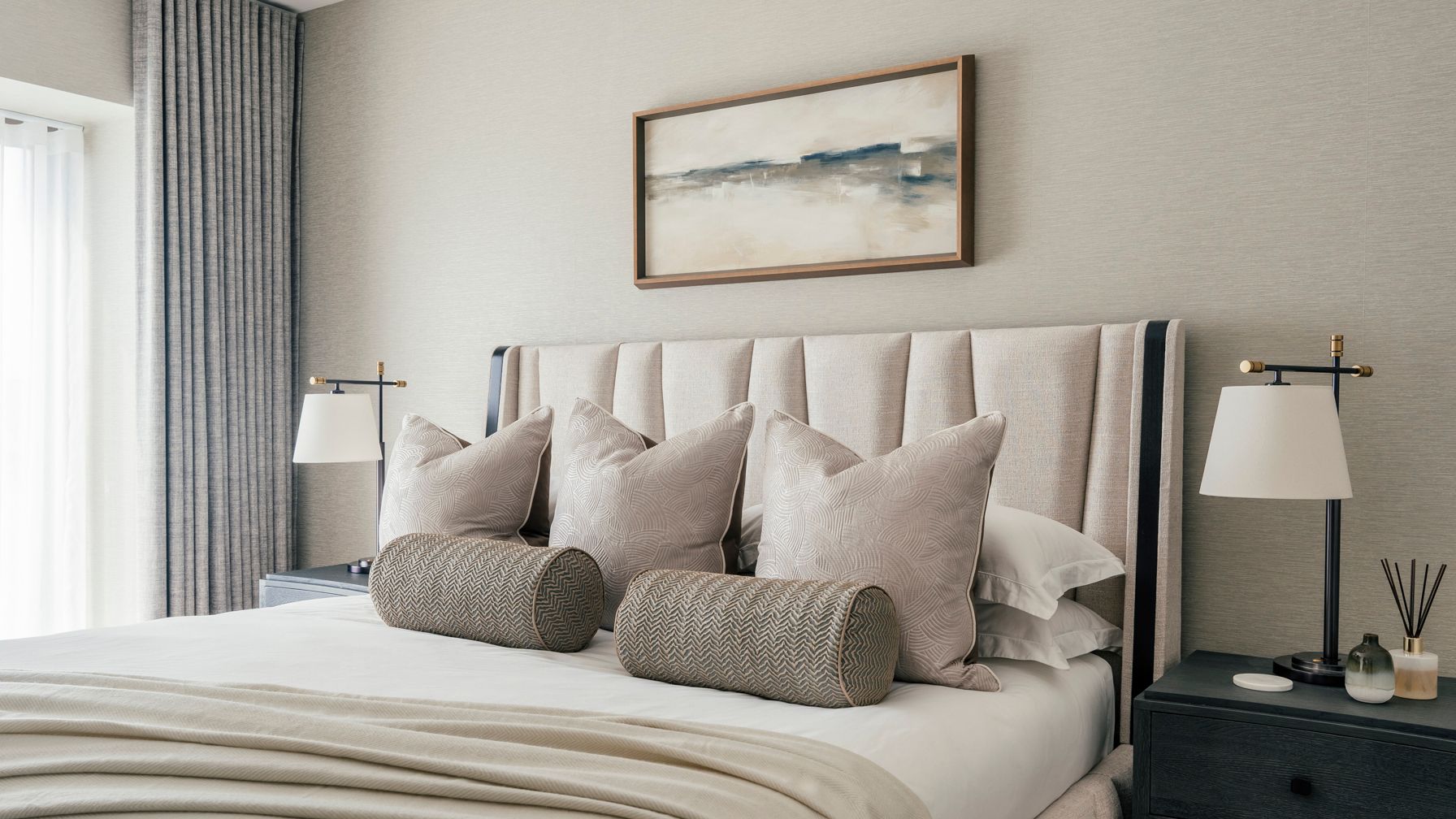 Image may contain: Cushion, Home Decor, Lamp, Table Lamp, Bed, Furniture, Linen, Pillow, Indoors, Interior Design, and Art