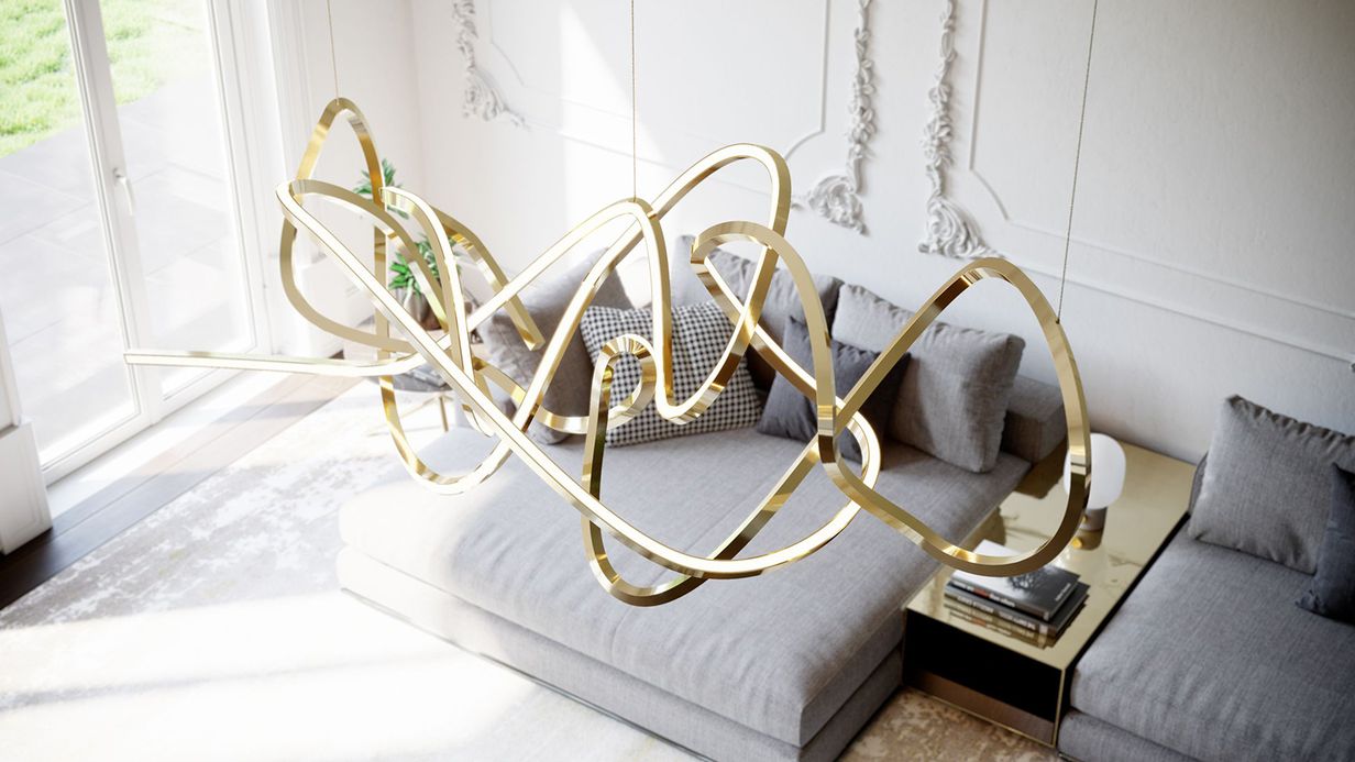 Image may contain: Architecture, Building, Furniture, Indoors, Living Room, Room, Home Decor, Cushion, Couch, and Chandelier