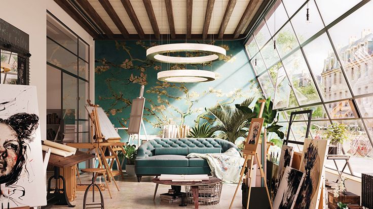 Image may contain: Indoors, Interior Design, Home Decor, Plant, Adult, Person, Lamp, Couch, Furniture, Rug, and Accessories