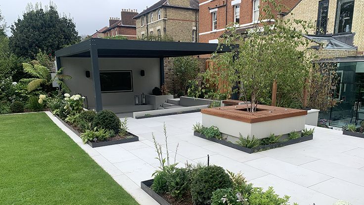 Image may contain: Backyard, Nature, Outdoors, Yard, Terrace, Grass, Plant, Architecture, Building, Housing, House, and Patio