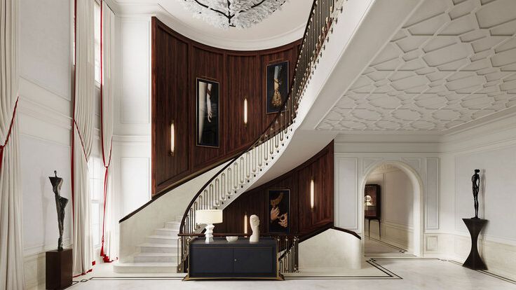 Image may contain: Architecture, Building, Foyer, Indoors, Lamp, Art, Painting, Person, House, Housing, and Staircase