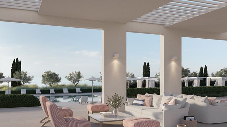 Image may contain: Chair, Furniture, Couch, Table, Terrace, Plant, Dining Table, Indoors, Architecture, and Building