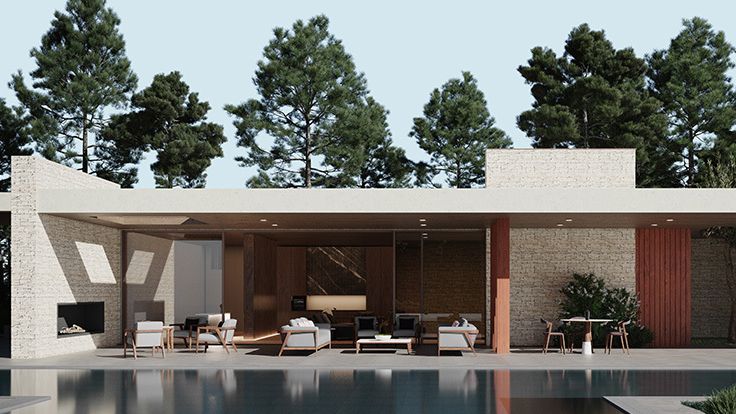 Image may contain: Architecture, Building, House, Housing, Villa, Desk, Furniture, Table, Chair, Backyard, and Nature