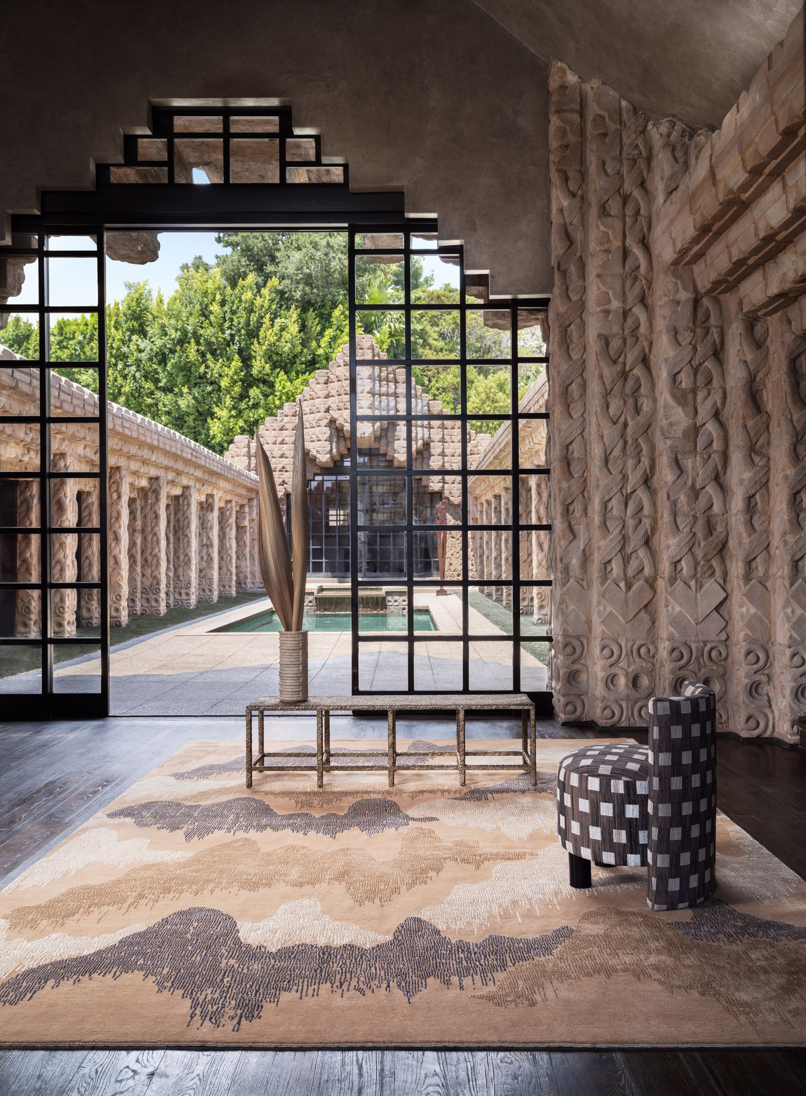 Image may contain: Floor, Home Decor, Rug, Indoors, Interior Design, Chair, Furniture, Bench, French Window, and Window