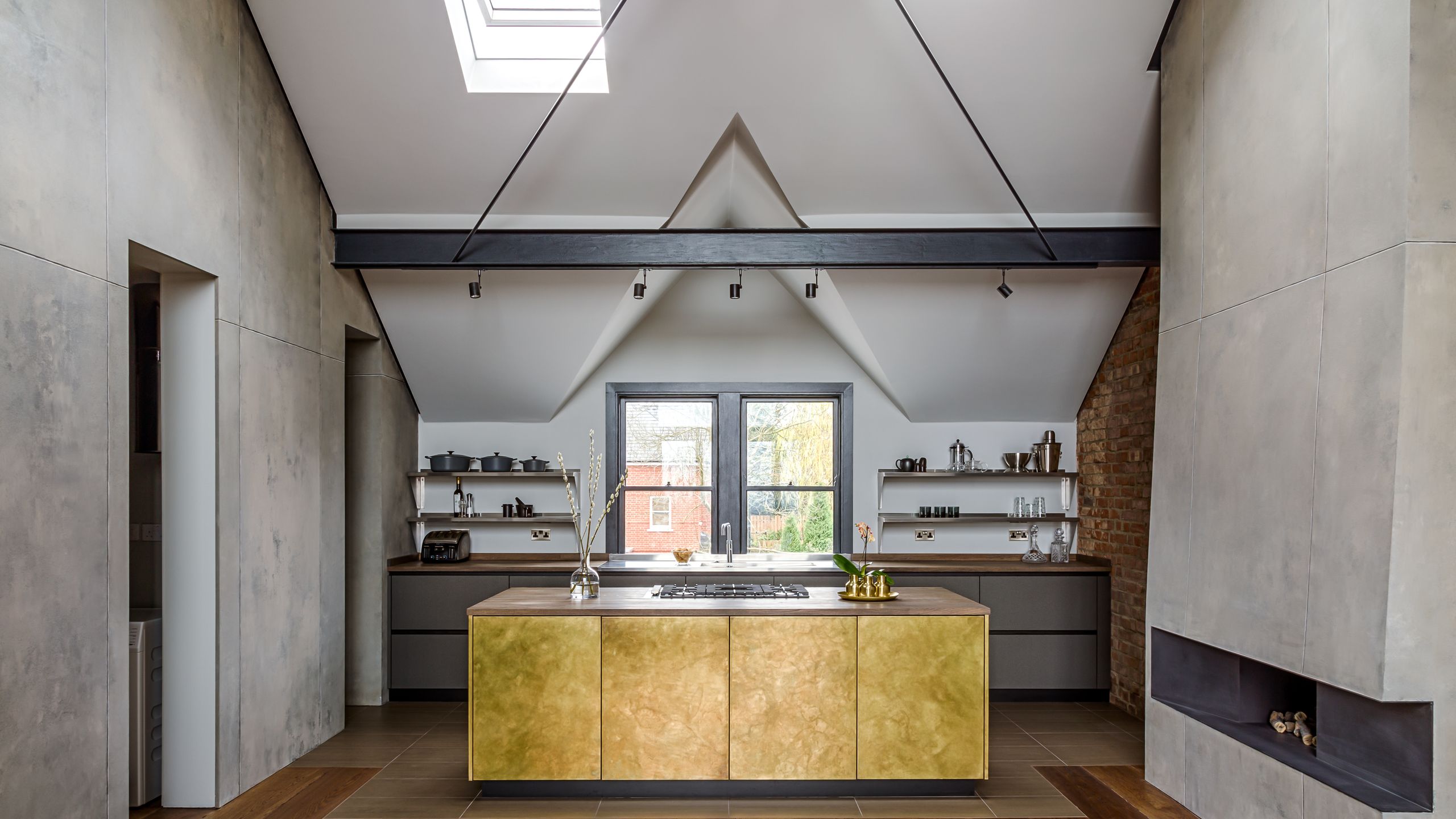 Image may contain: Indoors, Interior Design, Architecture, Building, House, Housing, Loft, Room, Wood, Kitchen, and Floor