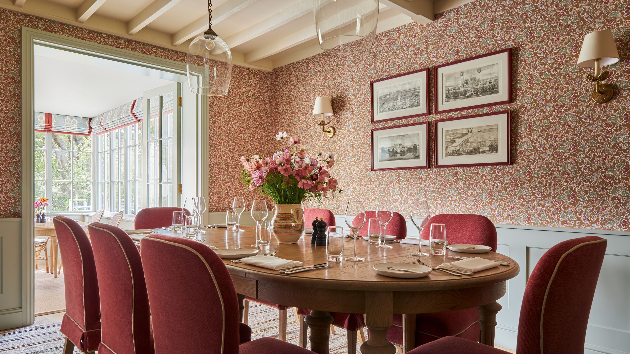 Image may contain: Architecture, Building, Dining Room, Dining Table, Furniture, Indoors, Room, Table, Lamp, and Tabletop