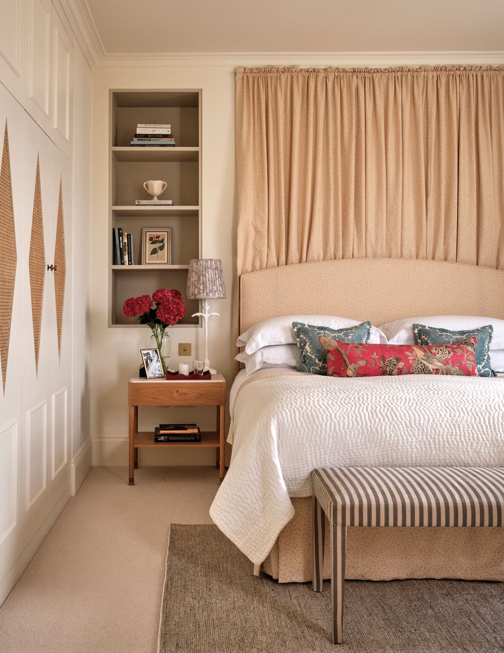 Image may contain Indoors Interior Design Corner Lamp Home Decor Furniture Bed Bedroom Room Dorm Room Cup and Art