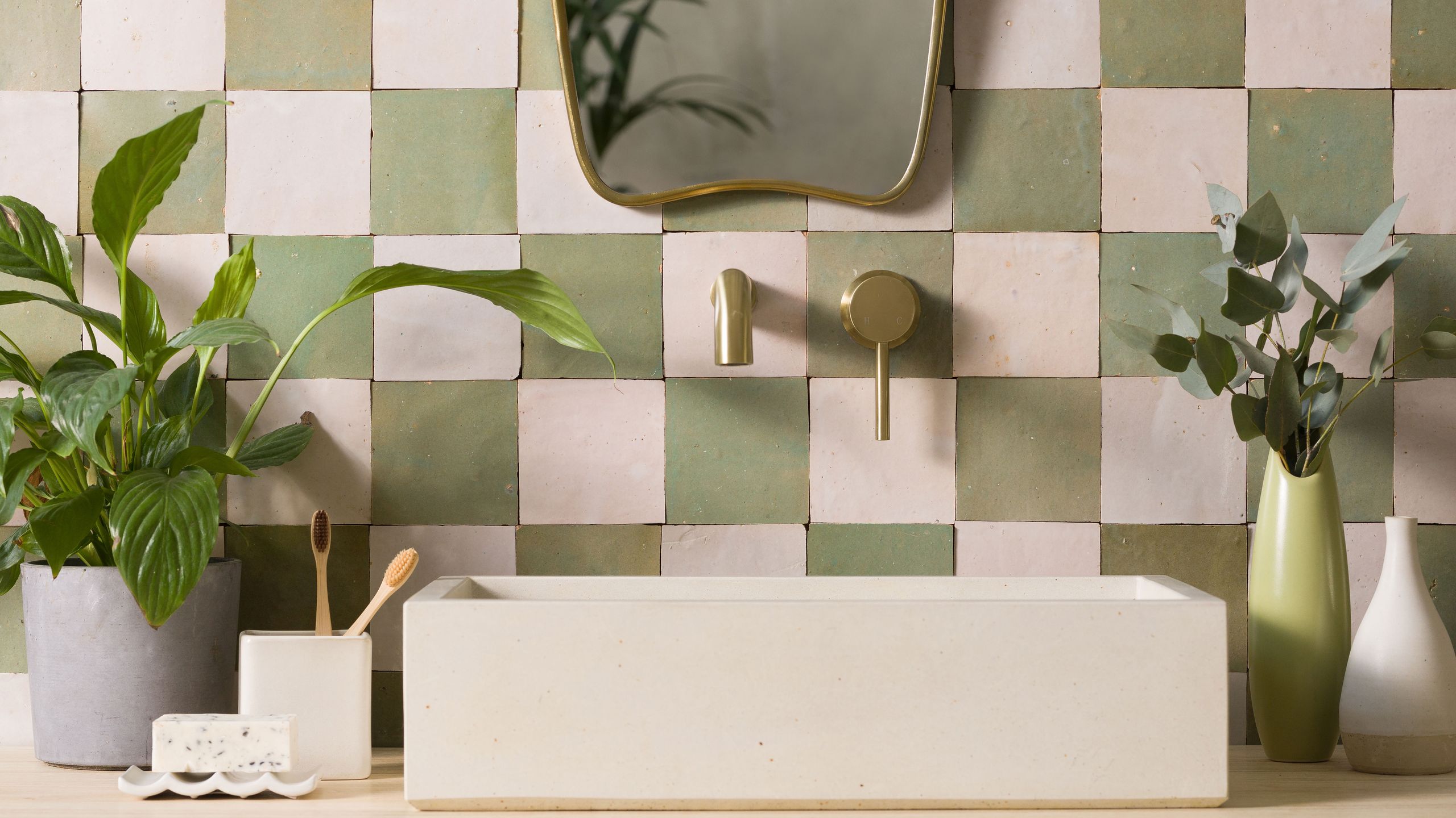 Image may contain: Plant, Potted Plant, Brush, Device, Tool, Toothbrush, Indoors, Interior Design, Basin, and Sink