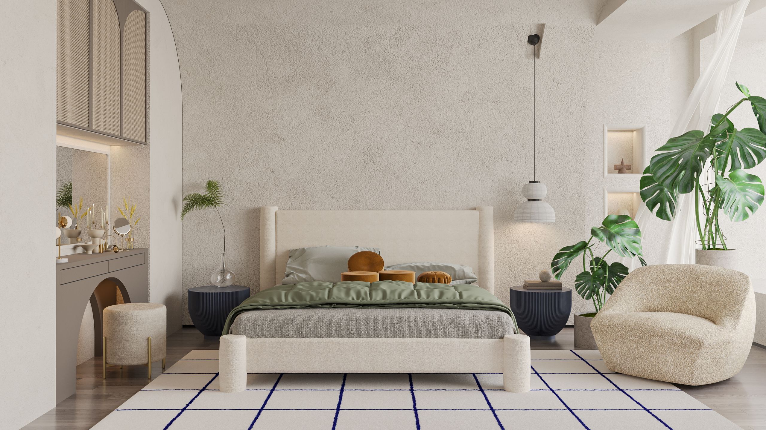 Image may contain: Home Decor, Plant, Bed, Furniture, Cushion, Indoors, Interior Design, Lamp, Architecture, and Building