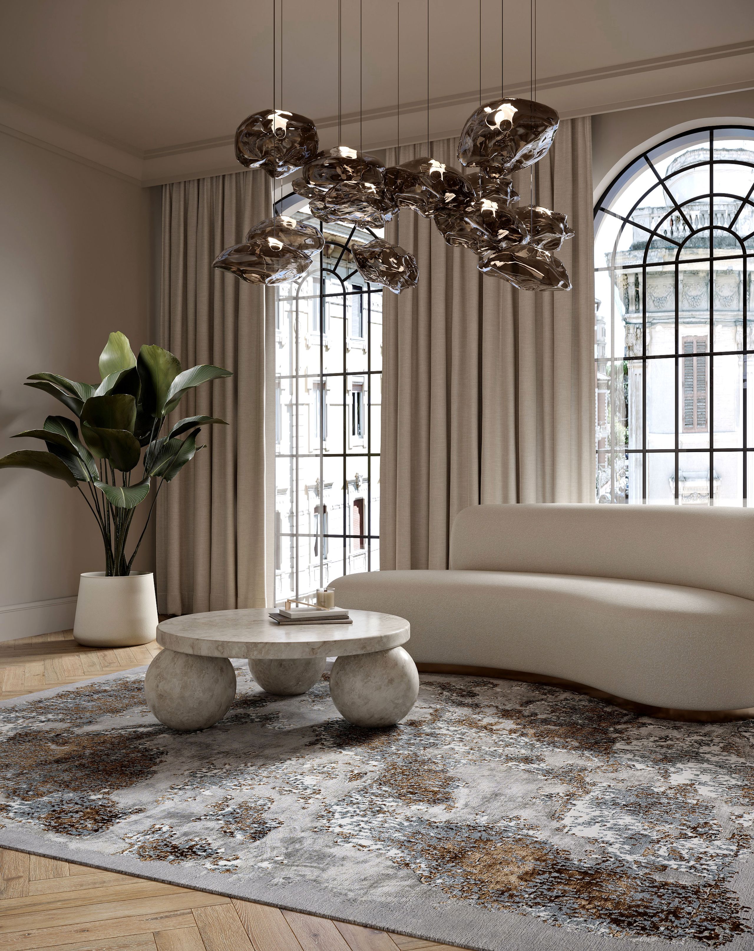 Image may contain: Home Decor, Rug, Couch, Furniture, Chandelier, Lamp, Plant, Table, Cup, Architecture, and Building