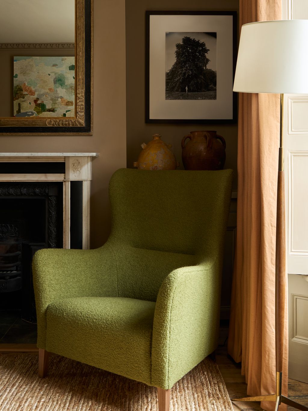 Image may contain Furniture Chair Art Painting Lamp Armchair Home Decor and Rug