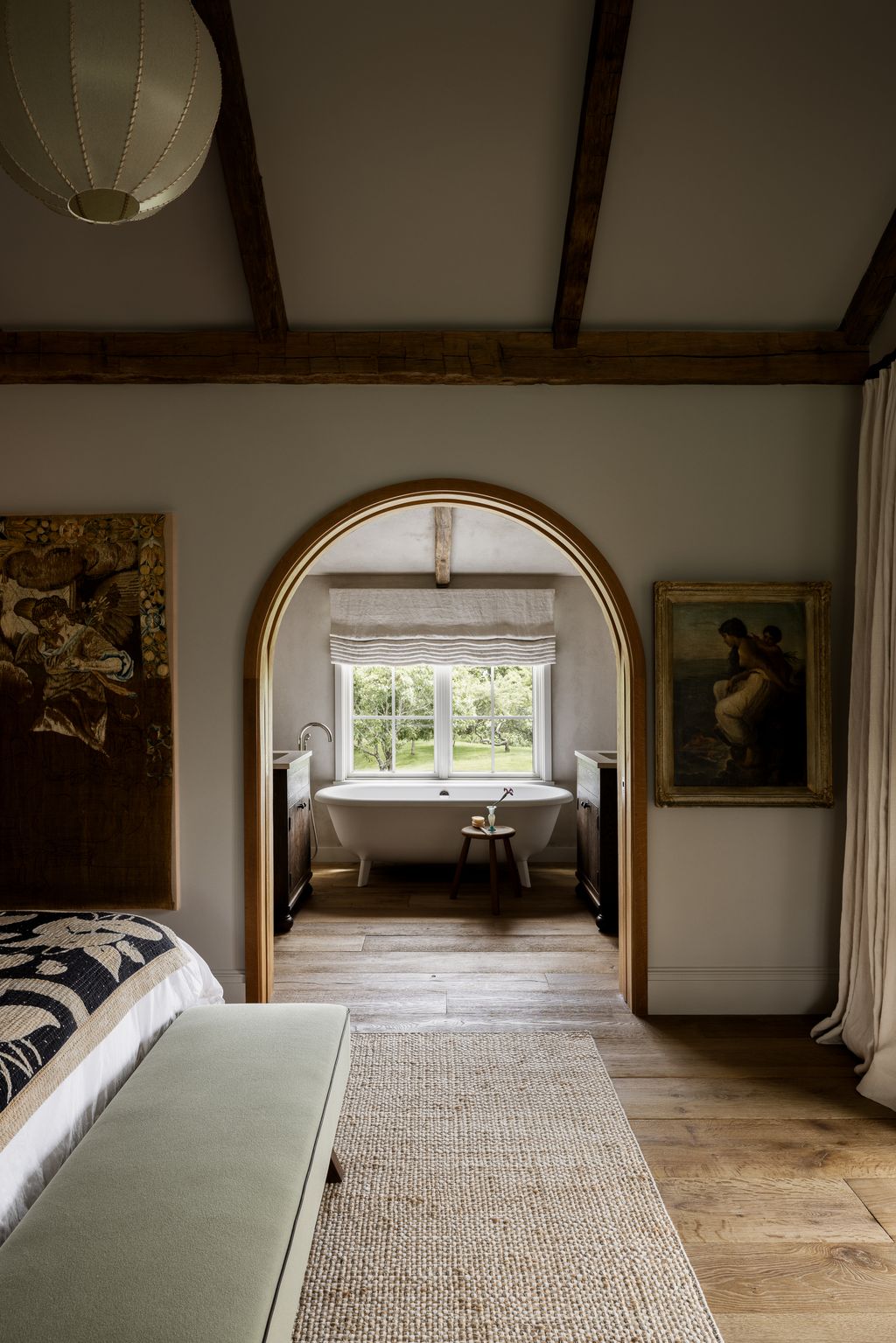 Image may contain Floor Indoors Interior Design Flooring Art Painting Home Decor Rug Bathing Bathtub and Person