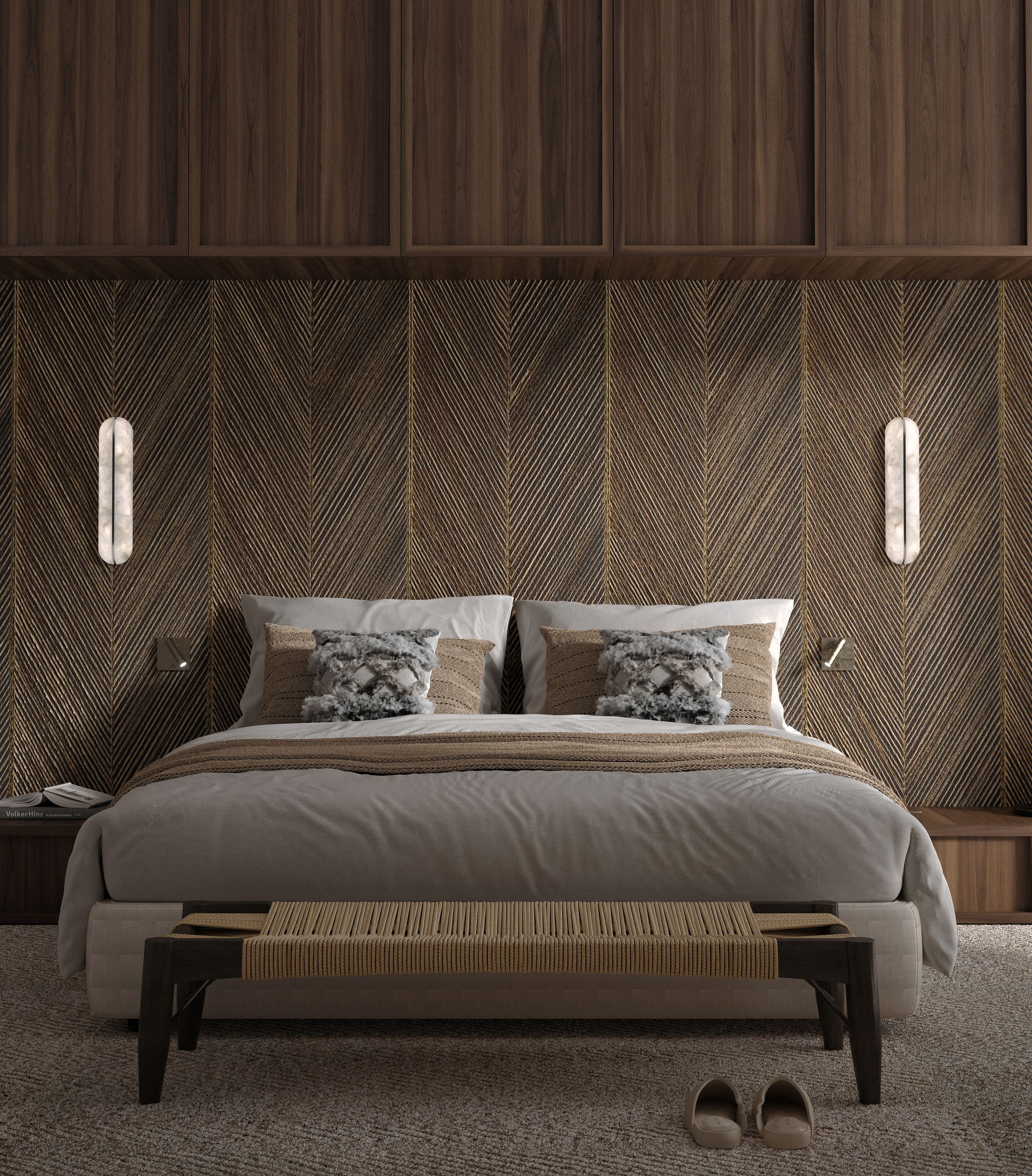 Image may contain: Indoors, Interior Design, Wood Panels, Bench, Furniture, and Bed