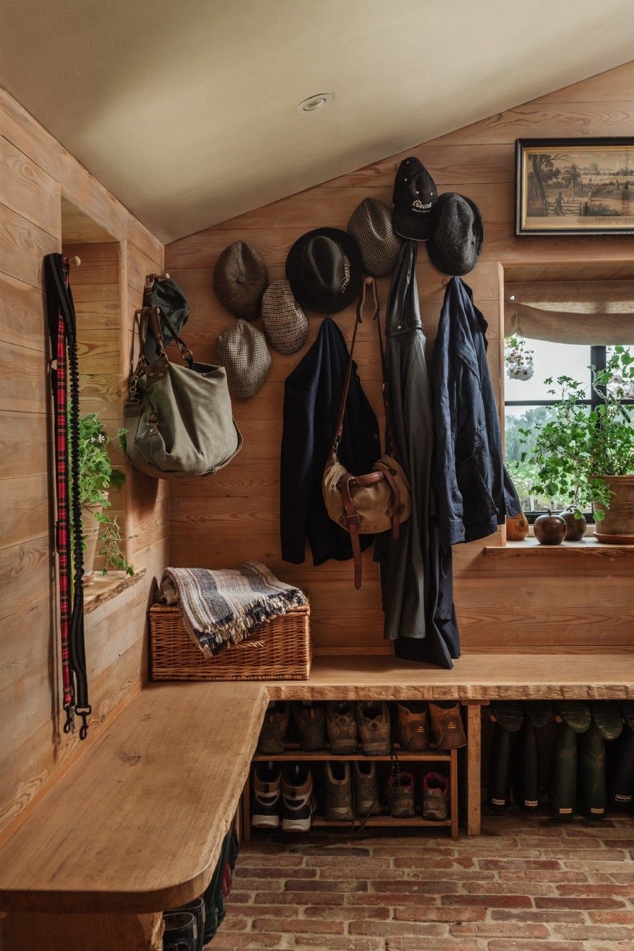 Image may contain Indoors Interior Design Wood Hardwood Accessories Bag Handbag Plant Art Painting and Clothing