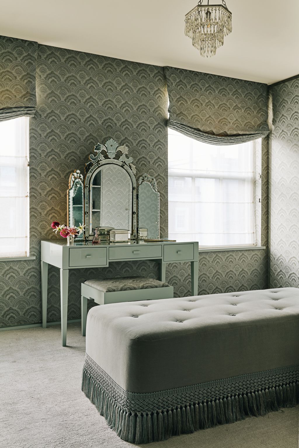 Image may contain Lamp Furniture Home Decor Chandelier Bench and Couch