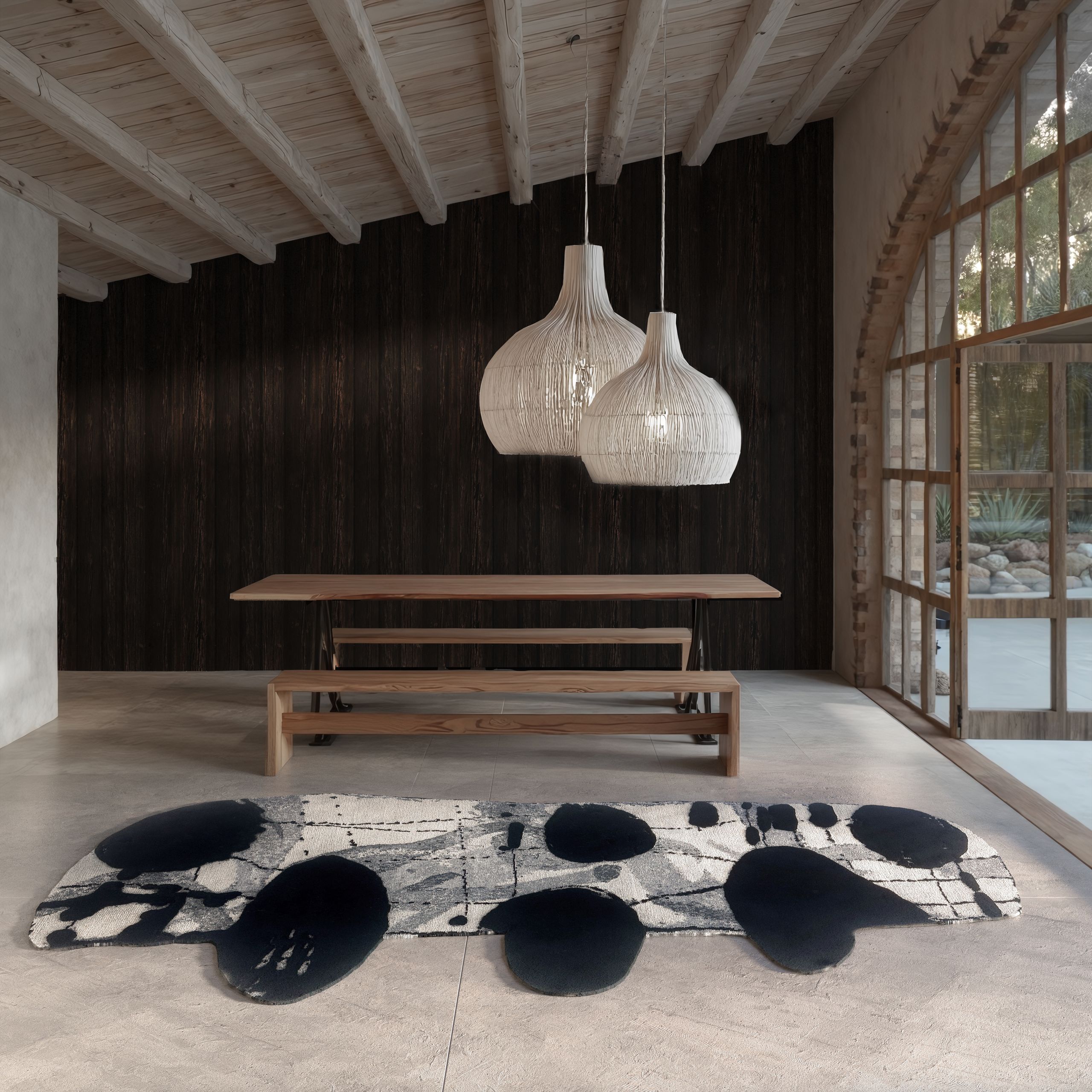 Image may contain: Home Decor, Rug, Indoors, Interior Design, Coffee Table, Furniture, Table, Lamp, Bench, and Chandelier