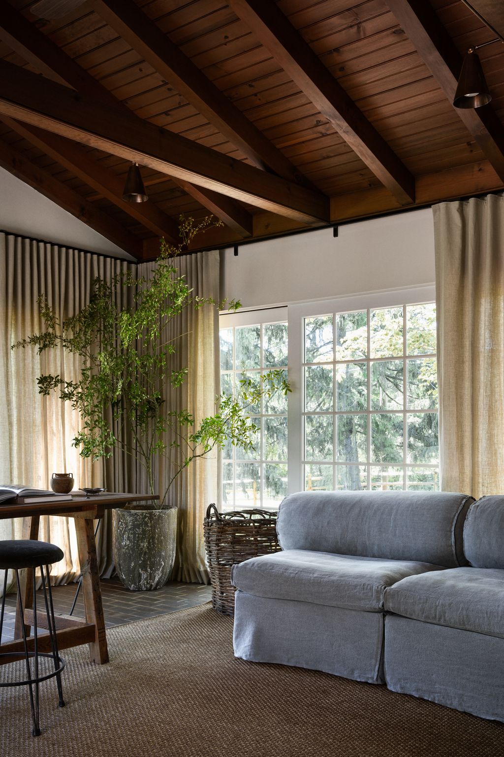 Image may contain Indoors Interior Design Plant Couch Furniture Book Publication Lamp Home Decor Rug and Desk