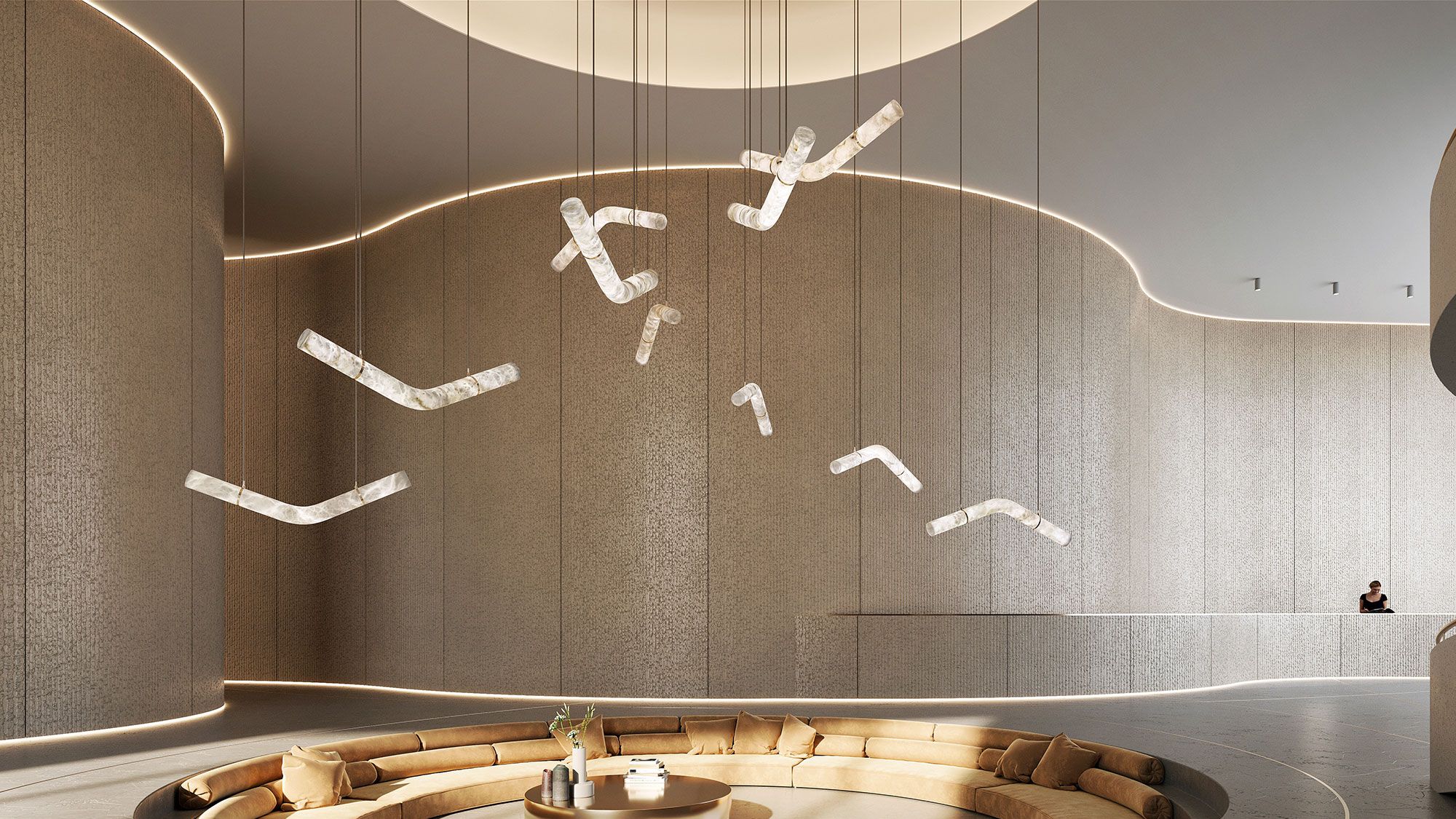 Image may contain: Indoors, Interior Design, Person, Architecture, Building, and Foyer