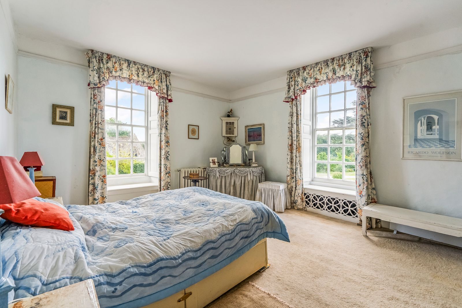 Image may contain Lamp Art Painting Bench Furniture Home Decor Bed Window Bedroom Indoors Room Desk and Table