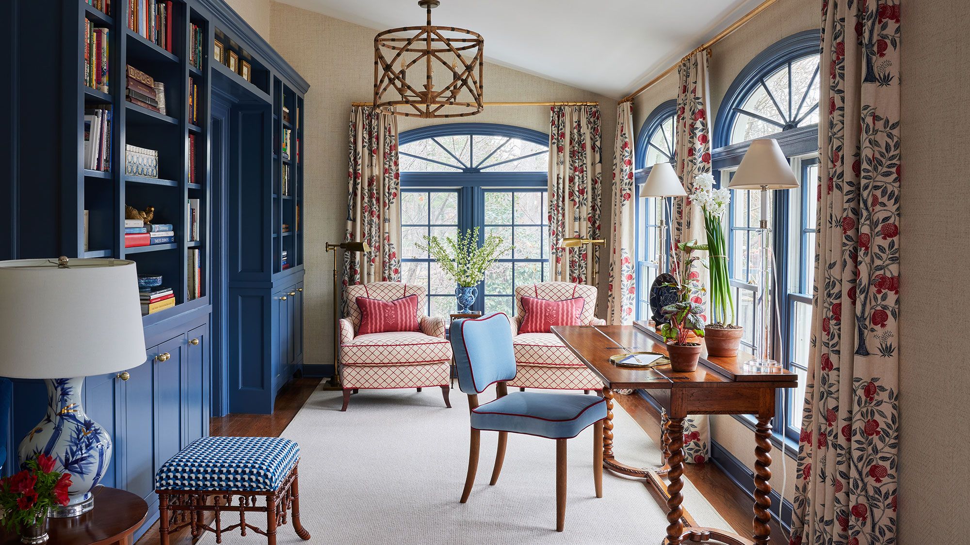 Image may contain: Lamp, Chair, Furniture, Plant, Home Decor, Desk, Table, and Window