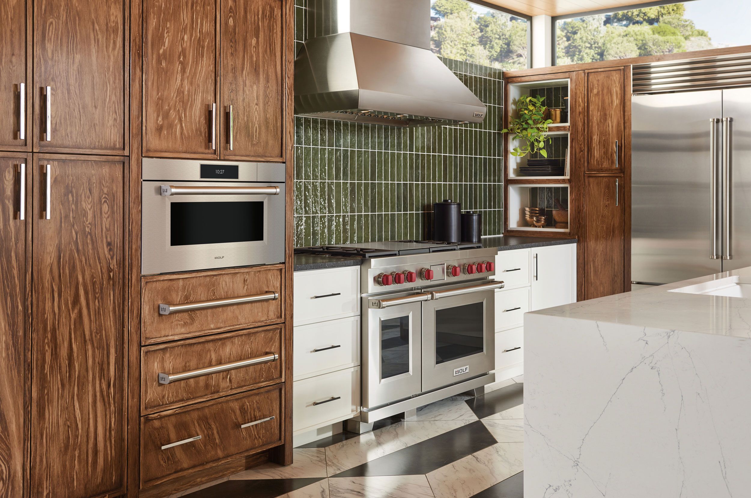 Image may contain: Indoors, Interior Design, Kitchen, Appliance, Device, Electrical Device, Microwave, Oven, and Plant