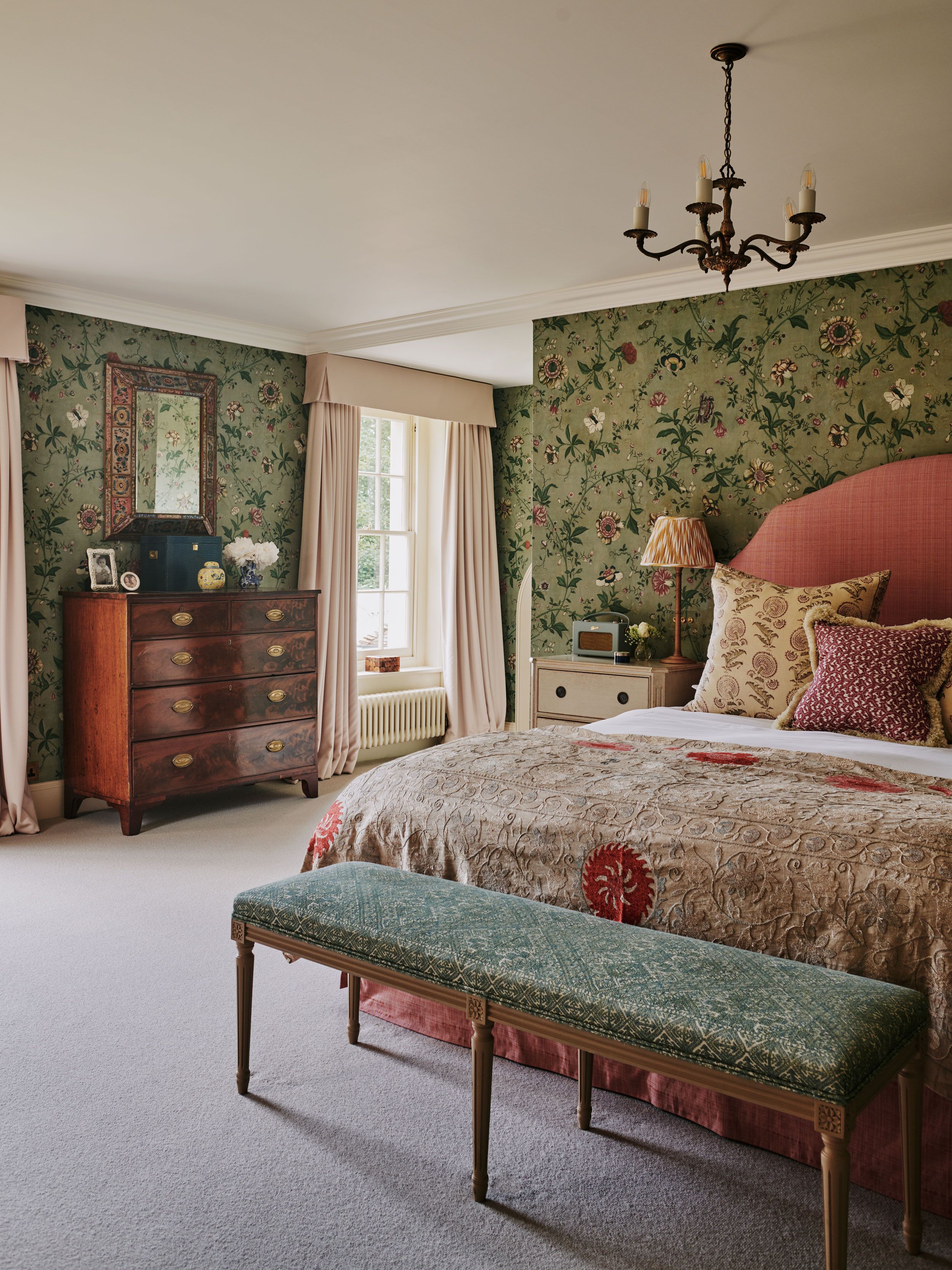 Image may contain: Lamp, Home Decor, Bench, Furniture, Art, Painting, Bed, Chandelier, Indoors, Interior Design, and Candle