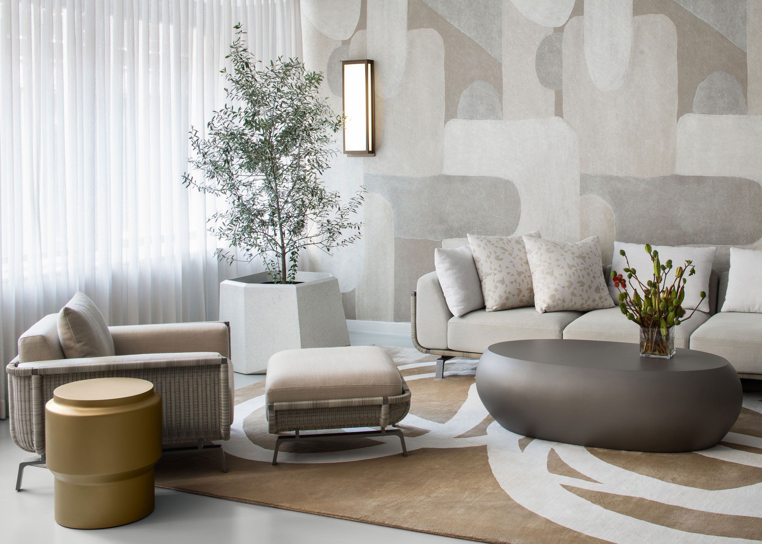 Image may contain: Plant, Home Decor, Furniture, Table, Couch, Architecture, Building, Indoors, Living Room, Room, and Rug